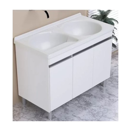 Armário Kit Tanque Amélia Duplo 110X55cm Rorato Branco/Pedra Gelo