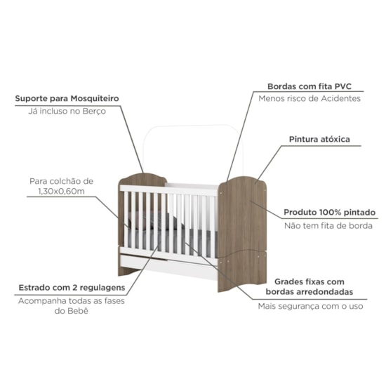 Berço Mini Cama Bala De Menta Henn Rustico/Branco Berço Mini Cama Bala De Menta Henn Rustico/Branco