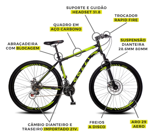 Bicicleta Colli Masc Athena Preto Fosco Amarelo Neon