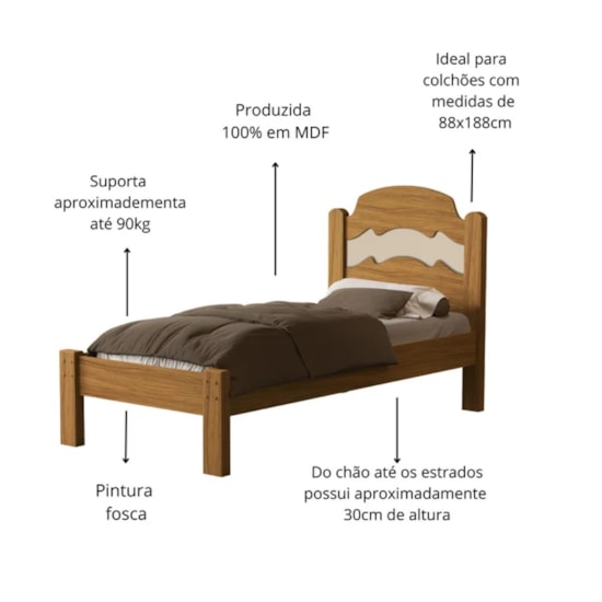 Cama Solteiro Mdf E Madeira Maciça Iris Nature Off White