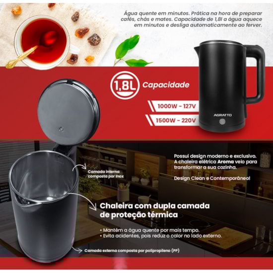 Chaleira Eletrica 1.8 Litros Aroma Agratto 220V Preto