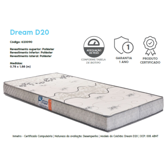 Colchão Solteiro Espuma D-20 78X12x188 Gazin Cinza