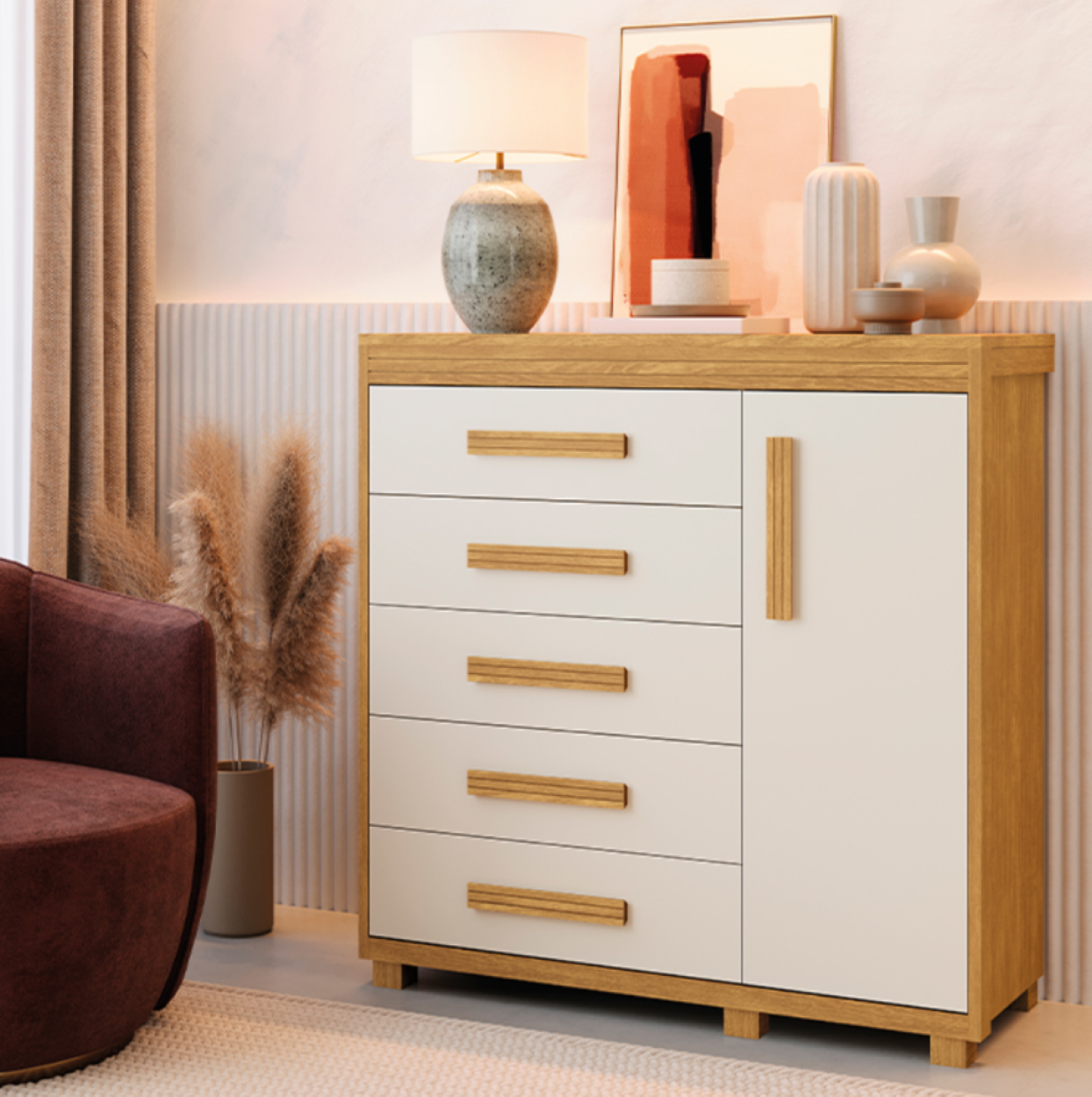Comoda 4 Gav 116Cm 1P Londres Fenix Mdf Cinamomo Off White - Eletrolar