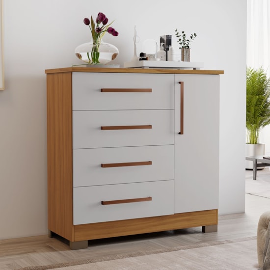 Comoda 4 Gavetas 1 Porta 1,08 Metros Nt5 Freijó Off White
