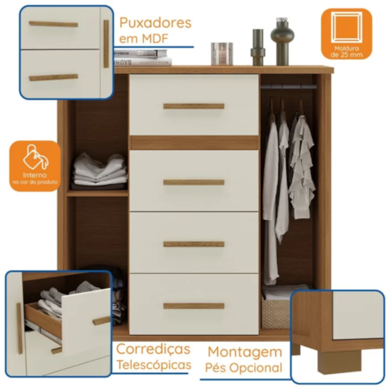 Cômoda 4 Gavetas 2 Portas Kyra Rodial Cinamomo Off White Cômoda 4 Gavetas 2 Portas Kyra Rodial Cinamomo Off White