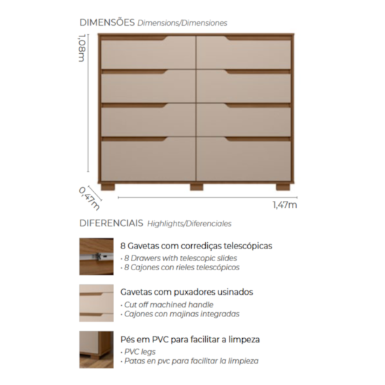 Comoda 8 Gavetas Georgia Moval Carvalho/Fendi Comoda 8 Gavetas Georgia Moval Carvalho/Fendi