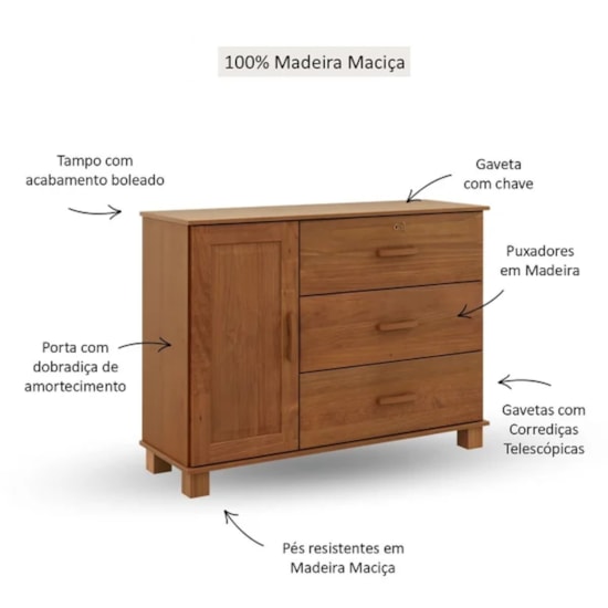 Comoda Madeira 3 Gavetas 1 Porta Bronze Finestra Castanho
