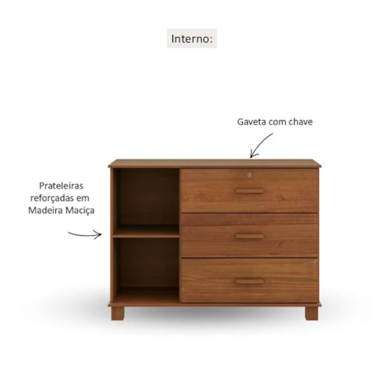Comoda Madeira 3 Gavetas 1 Porta Bronze Finestra Castanho