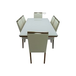 Conjunto De Mesa Lemnos Com Tampo De Vidro Nude + 6 Cadeiras Lemnos Em Tecido Facto 1,60 X 90 Cm