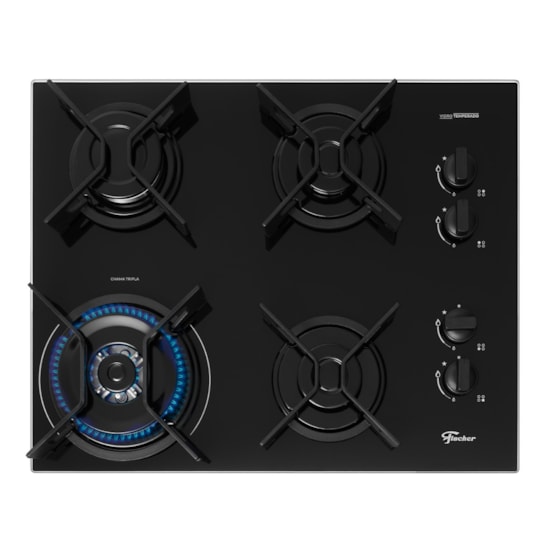 Cooktop 4 Bocas Tripla Chama Fit Line Trempe Iron Fisch Preto