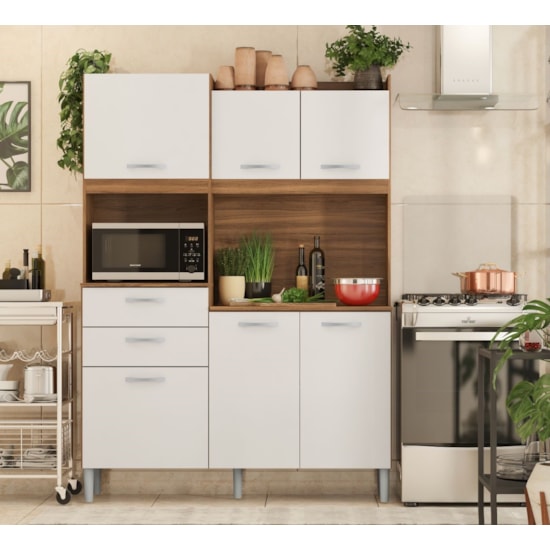 Cozinha Compacta Kit Harmonia 6 Portas 2 Gavetas Demóbile Amendoa Branco