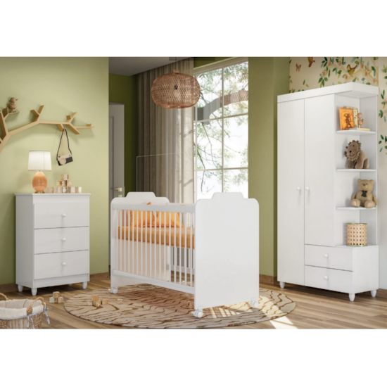 Dormitório Fofura Guarda Roupa + Cômoda + Berço Branco Dormitório Fofura Guarda Roupa + Cômoda + Berço Branco