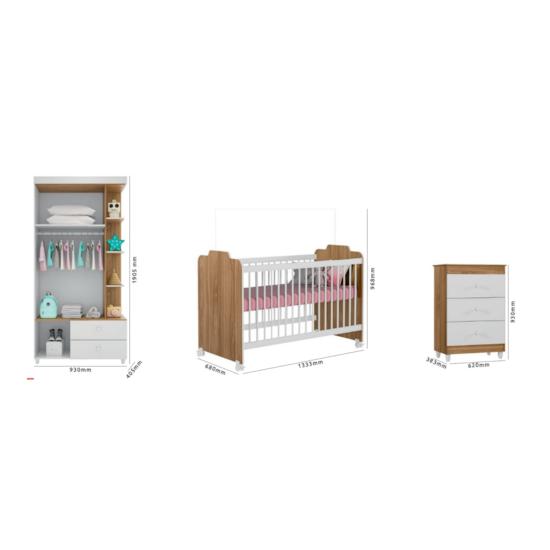 Dormitório Fofura Guarda Roupa + Cômoda + Berço Branco Dormitório Fofura Guarda Roupa + Cômoda + Berço Branco