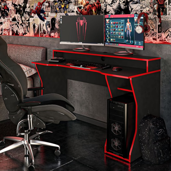 Escrivaninha 130Cm Gamer Fremont Politor Preto Vermelho