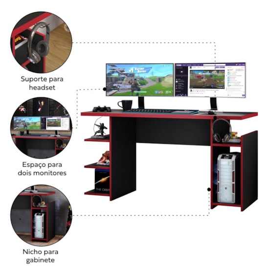 Escrivaninha 136Cm Gamer Notável Preto Vermelho Escrivaninha 136Cm Gamer Notável Preto Vermelho
