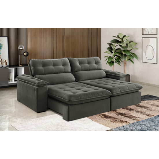 Estofado 2,56 Metros Jobi Estofart 4 Lug Veludo Cinza 2103