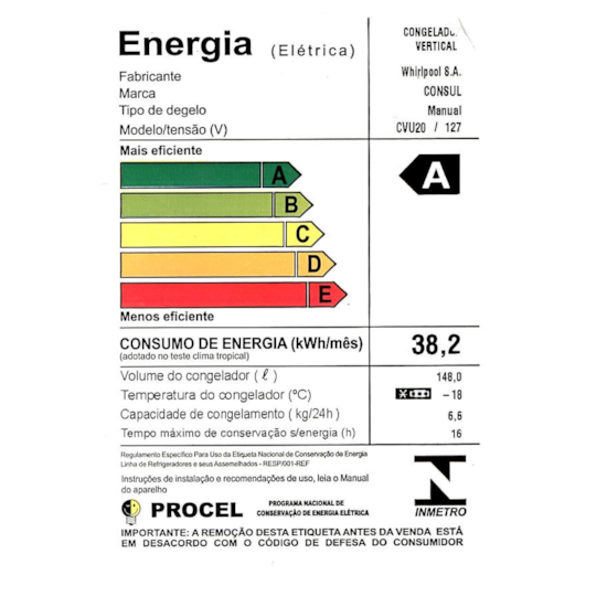 Freezer Vertical 142L Consul 1P Cvu20 Branco