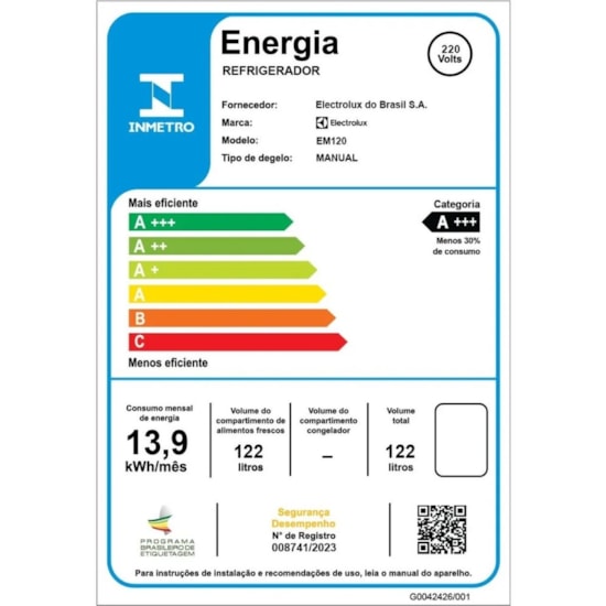 Frigobar 122L Efficient EM120 Electrolux Branco