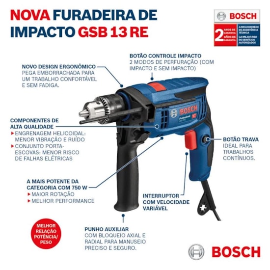 Furadeira Impacto Gsb13r 750W Bosch 220V Azul