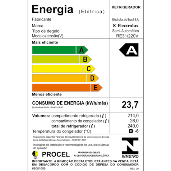 Geladeira 240L 1P Re31 Electrolux Cycle Defrost 220V Branco