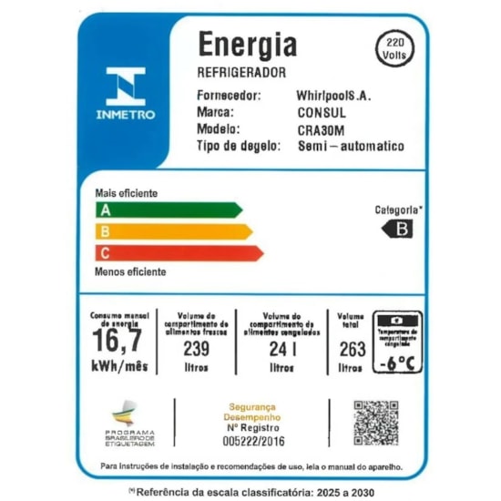 Geladeira 263L Consul 1P Cra30 220V Branco