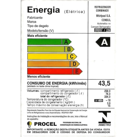 Geladeira 334L 2P Consul Crd37 220V Branco