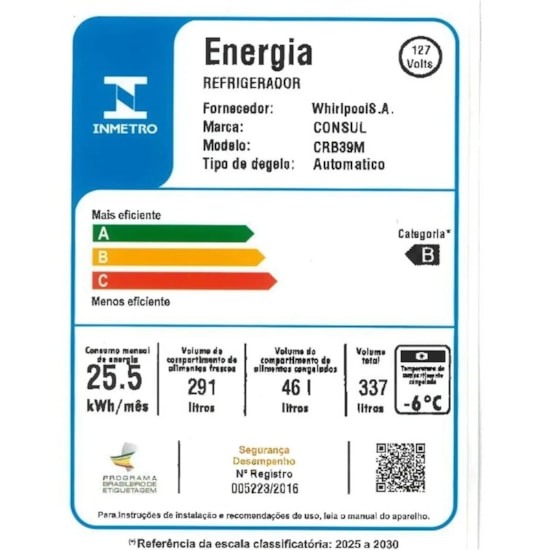 Geladeira 337L Consul Crb39 Frost Free 220V Branco