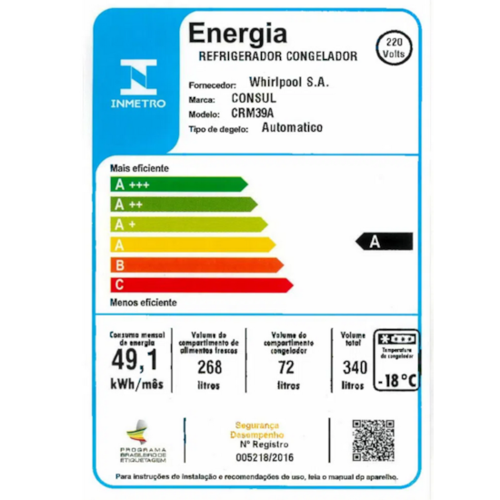 Geladeira 340L Consul 2P Crm39 Ff 220V Branco