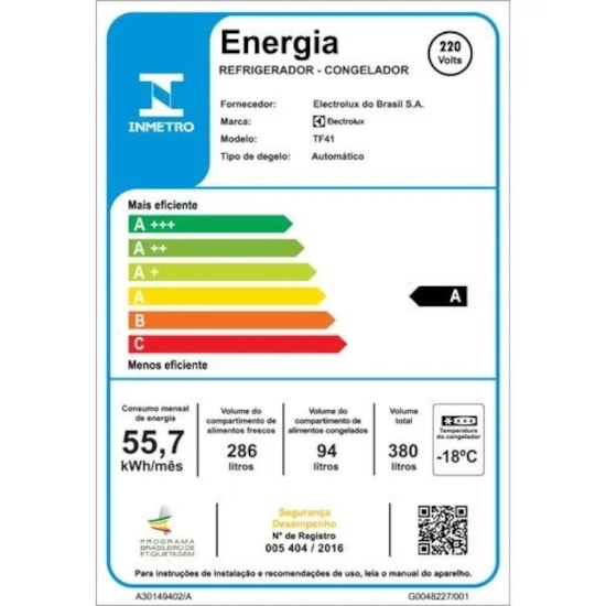 Geladeira 380L 2P Auto Sense Tf41 Frost Free 220V Branco