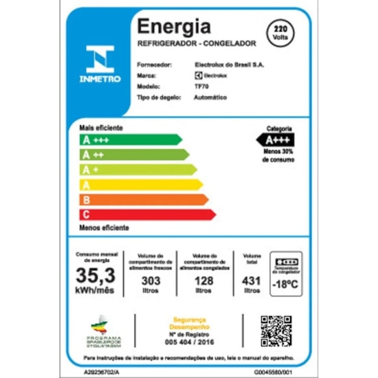 Geladeira 432L 2P Tf70 Frost Free 220V Branco