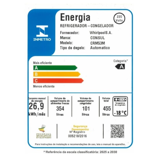 Geladeira 455L 2P Consul Crm53 Frost Fre Branco