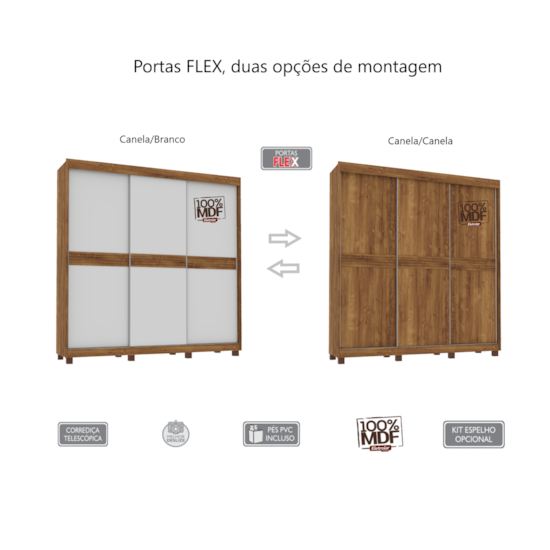 Guarda Roupa 3 P Correr Parana 100% Mdf Canela Off Canela