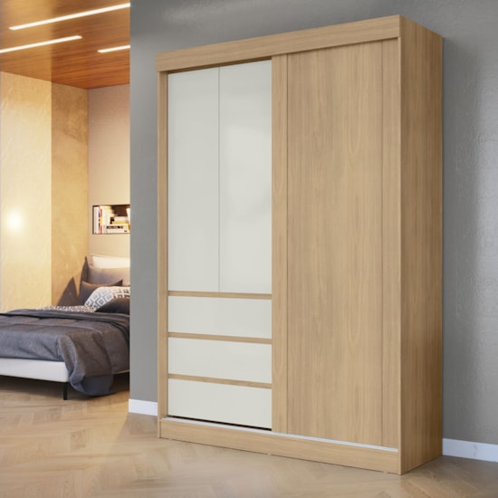 Guarda Roupa 3 Portas De Correr 100% Mdf Bagdá Castanho Off White