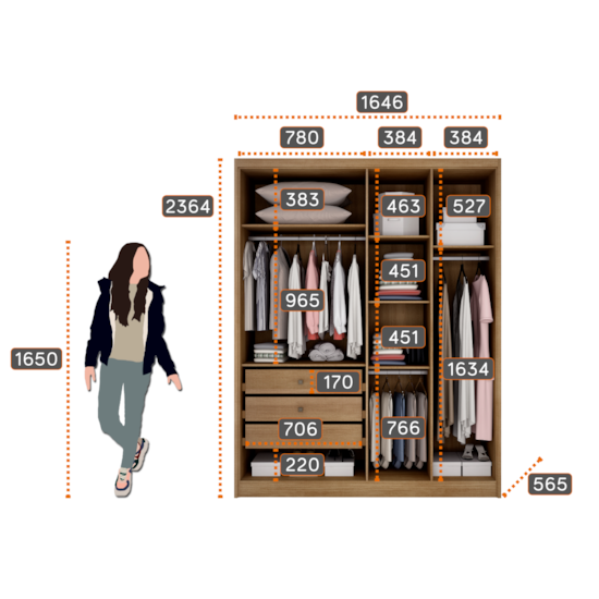 Guarda Roupa 4Pts 3Gav Casal Moderni Mdf Camaru Fendi