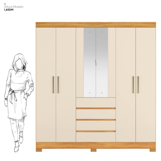 Guarda Roupa 6 Portas Com Espelho Opera Mdf Cinamomo Off White
