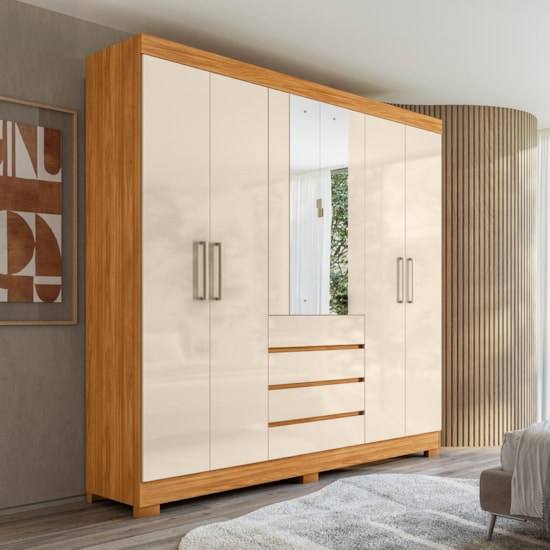 Guarda Roupa 6 Portas Com Espelho Opera Mdf Cinamomo Off White