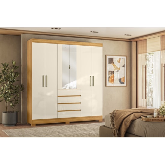 Guarda Roupa 6 Portas Com Espelho Opera Mdf Cinamomo Off White