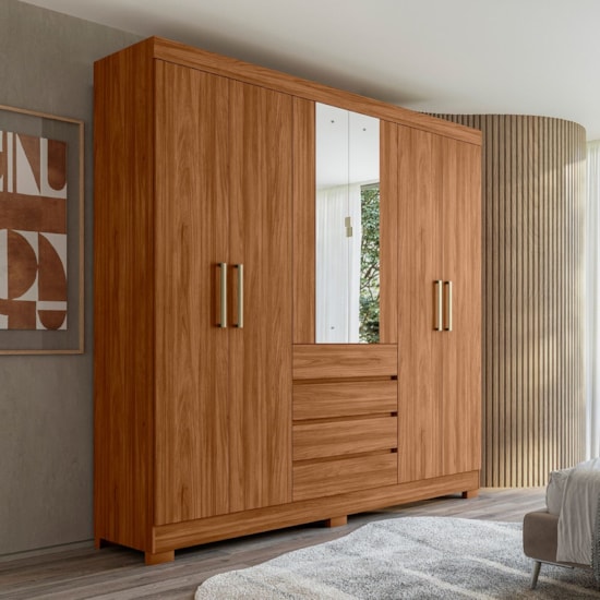 Guarda Roupa 6 Portas Com Espelho Opera Mdf Nogueira Touch