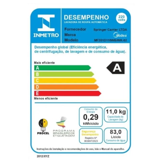 Lava E Seca 11Kg Mf201d110wb/Wk Midea  Branco