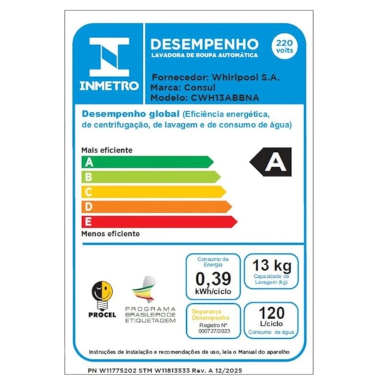 Lavadora De Roupas 13Kg Cwh13 Max Consul 220V Branco