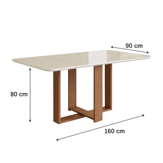 Mesa 1.60X90 Com Vidro Canto Redondo Canela Off  White