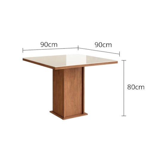 Mesa 90X90 Com Vidro Canto Reto 115 Canela Off  White