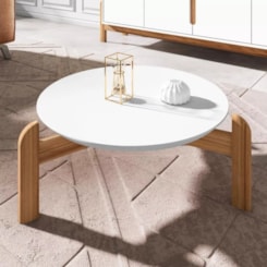 Mesa De Centro Redonda Pes Em Madeira Branco/Cedro
