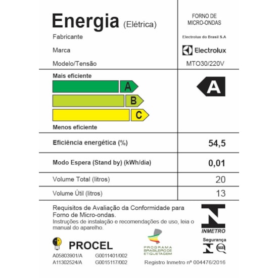Micro Ondas 20L Mto30 Electrolux Branco Micro Ondas 20L Mto30 Electrolux Branco