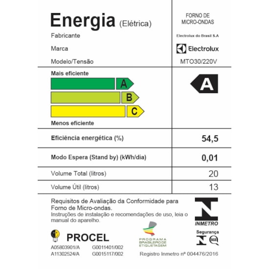 Micro Ondas 20L Mto30 Electrolux Branco