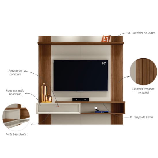 Painel 152Cm Tv Ate 60P Pitanga Linea Freijó Off White