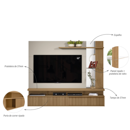 Painel 182Cm Tv Ate 60P Maragogi  Linea Carvalho Off White Painel 182Cm Tv Ate 60P Maragogi  Linea Carvalho Off White