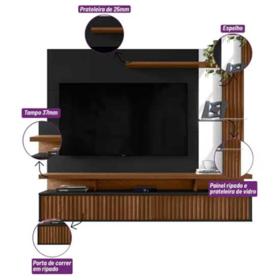 Painel 182Cm Tv Ate 60P Maragogi  Linea Freijó Preto