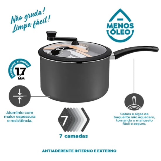 Pipoqueira  22Cm Tampo Vidro Panelux  Grafite