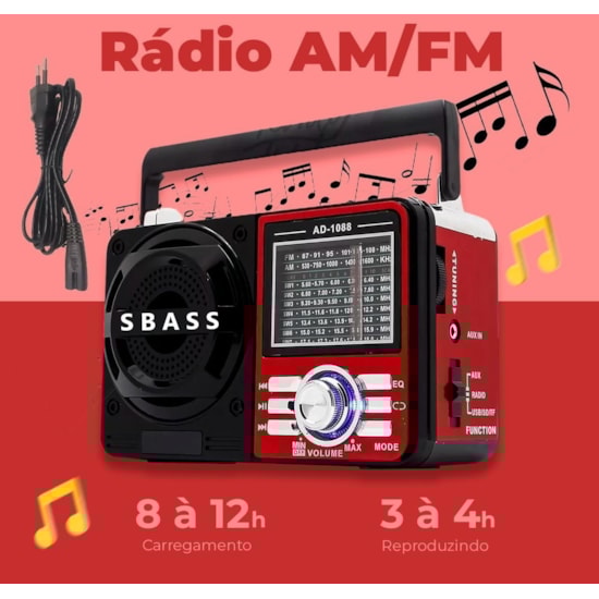 Radio 9 Faixas Portátil Fsound Fs-100Bt Preto